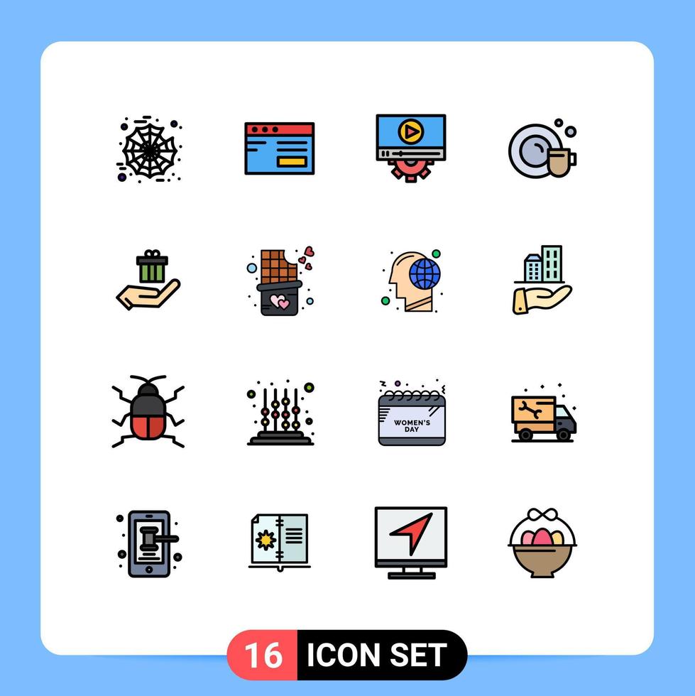 Universal Icon Symbols Group of 16 Modern Flat Color Filled Lines of ecommerce hand play gift cup Editable Creative Vector Design Elements