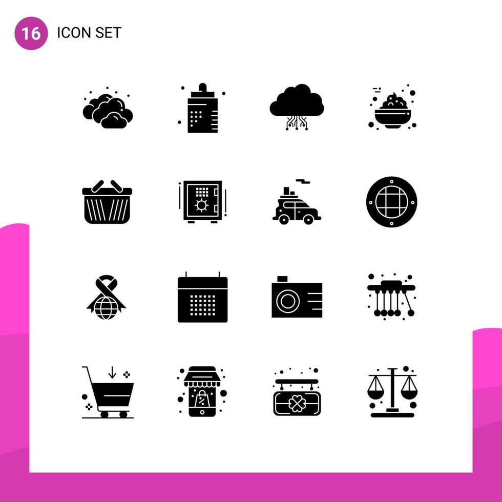 Solid Glyph Pack of 16 Universal Symbols of cart porridge cloud food network Editable Vector Design Elements