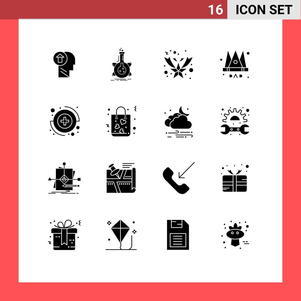 Solid Glyph Pack of 16 Universal Symbols of king emperor flask crown fallen Editable Vector Design Elements