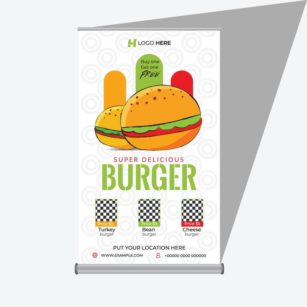 burger sale roll-up banner design template, fast food banner vector