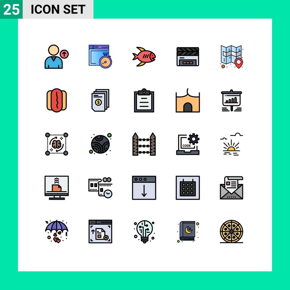 25 User Interface Filled line Flat Color Pack of modern Signs and Symbols of sticky location coast film flap clapper Editable Vector Design Elements