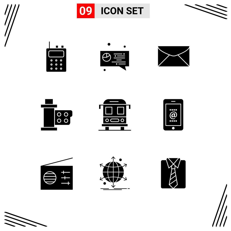 Mobile Interface Solid Glyph Set of 9 Pictograms of transport bus education reel movie Editable Vector Design Elements