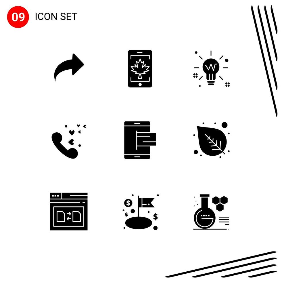 Modern Set of 9 Solid Glyphs Pictograph of commerce heart bulb love glow Editable Vector Design Elements