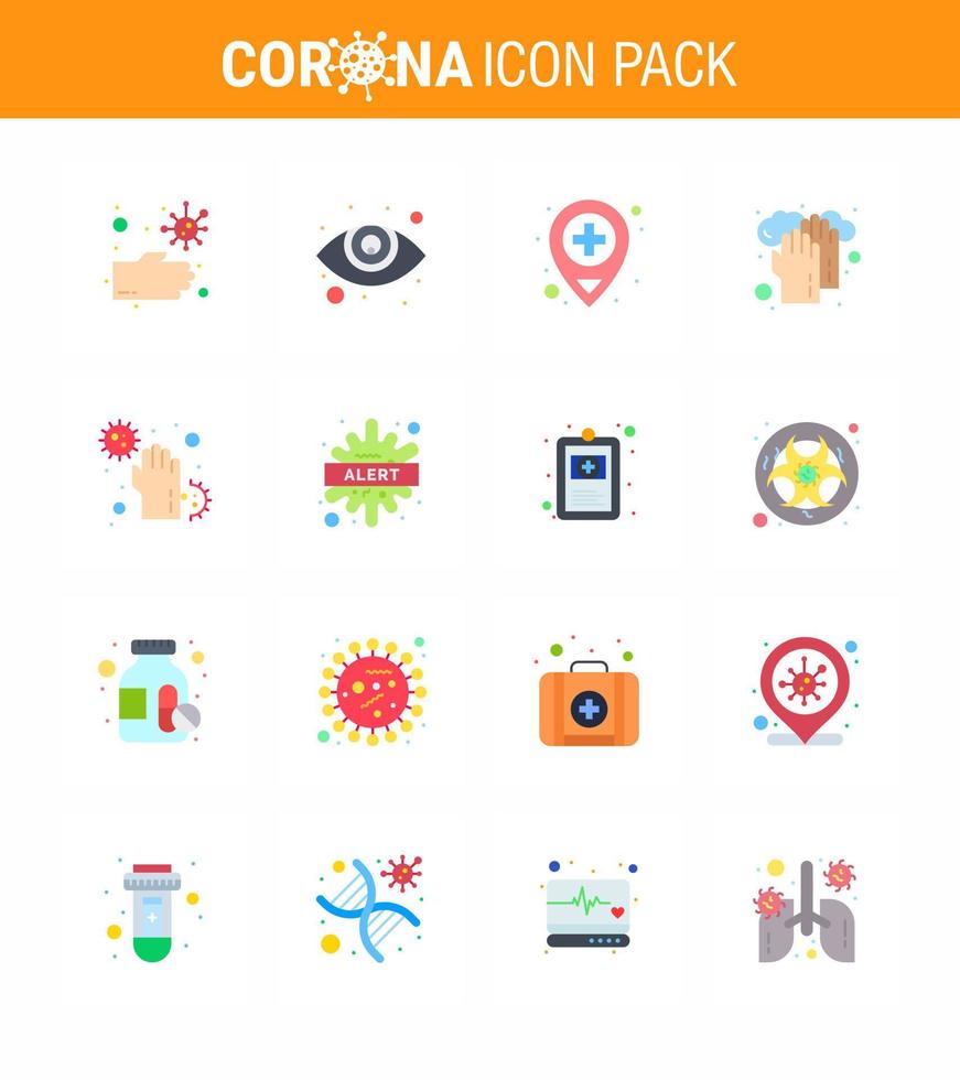 iconos de conjunto de prevención de coronavirus 16 icono de color plano como manos sucias ubicación covid medical viral coronavirus 2019nov enfermedad vector elementos de diseño