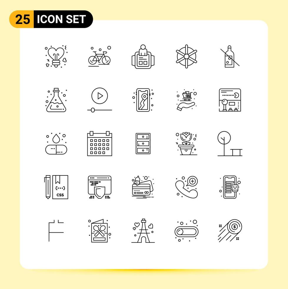 Mobile Interface Line Set of 25 Pictograms of alcohol ship wheel race ship technology Editable Vector Design Elements