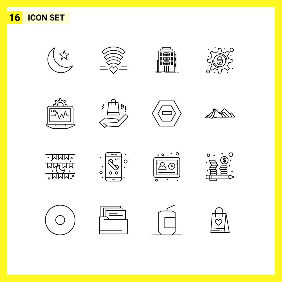 Mobile Interface Outline Set of 16 Pictograms of laptop security building lock hotel Editable Vector Design Elements