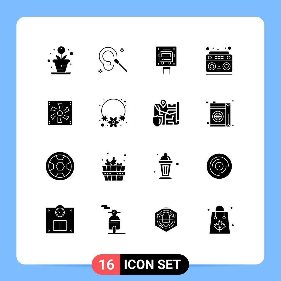 16 User Interface Solid Glyph Pack of modern Signs and Symbols of cooler cooler fan stop radio music Editable Vector Design Elements