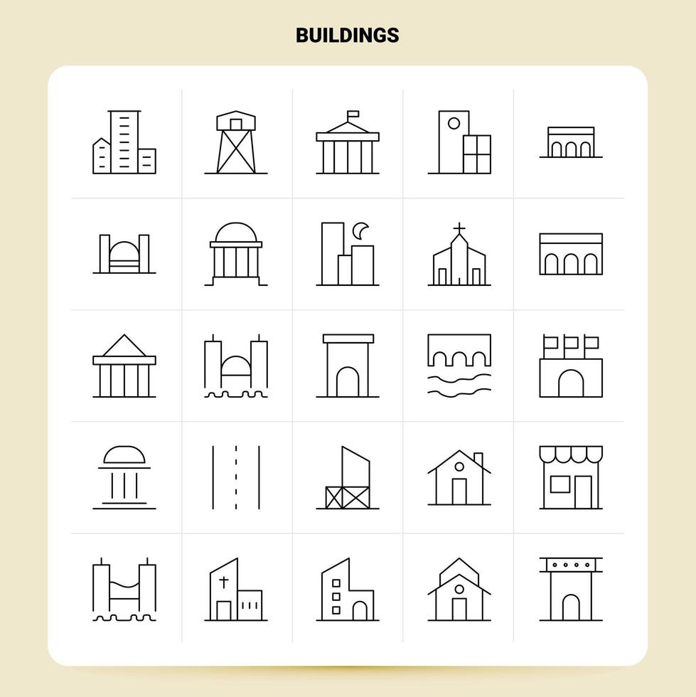 OutLine 25 Buildings Icon set Vector Line Style Design Black Icons Set Linear pictogram pack Web and Mobile Business ideas design Vector Illustration