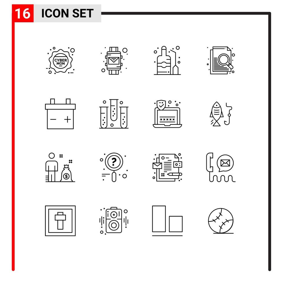 Pack of 16 creative Outlines of disease battery label search document Editable Vector Design Elements