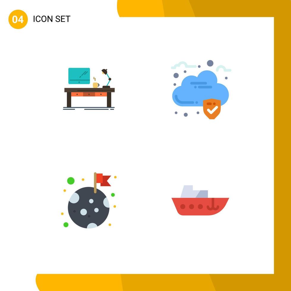 4 User Interface Flat Icon Pack of modern Signs and Symbols of workplace security desk table moon Editable Vector Design Elements
