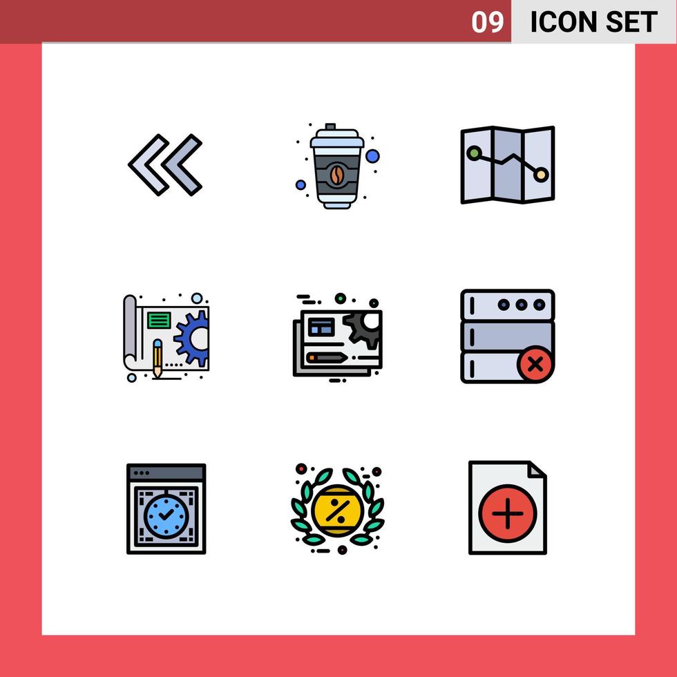 9 Universal Filledline Flat Colors Set for Web and Mobile Applications database setting blue print gear document Editable Vector Design Elements