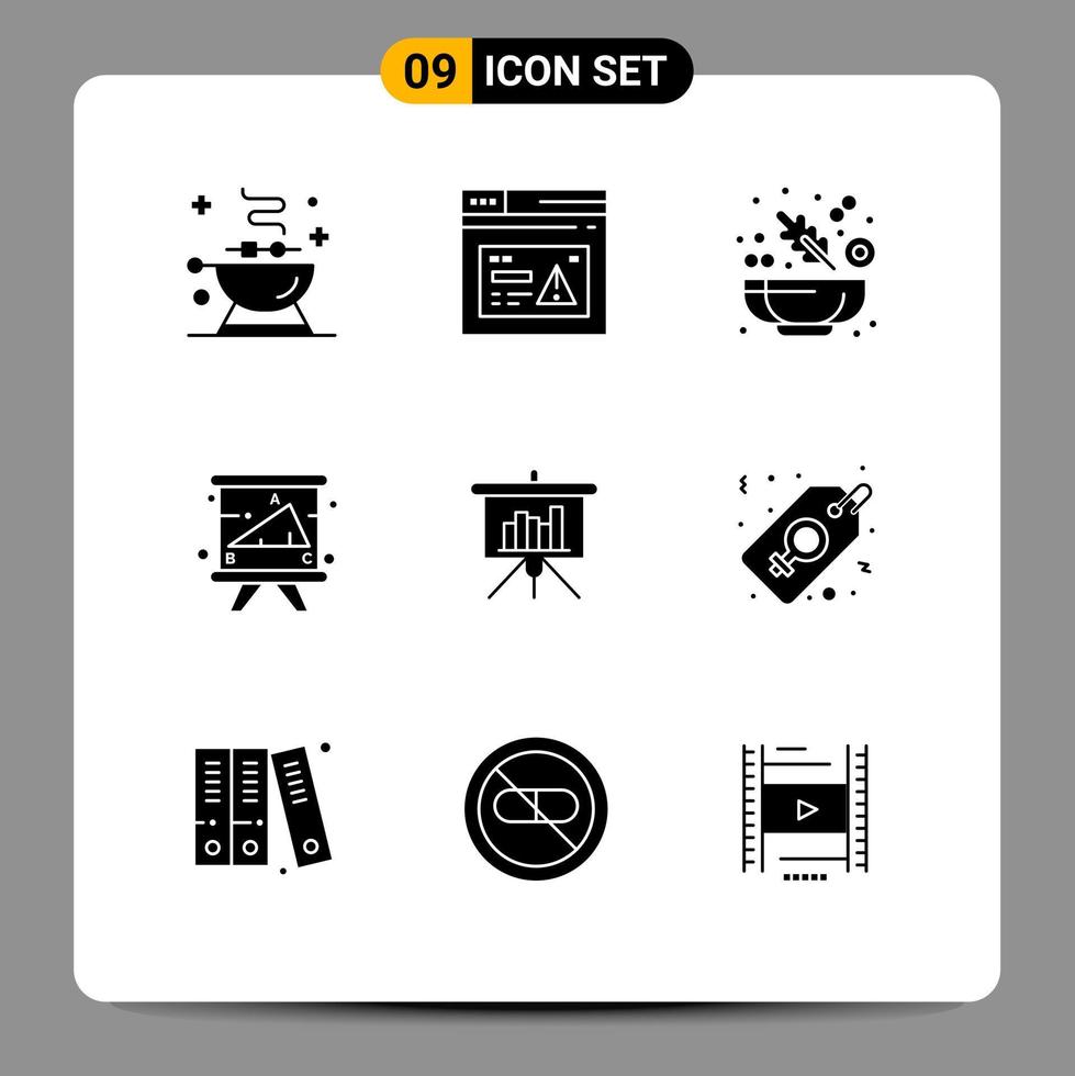 9 User Interface Solid Glyph Pack of modern Signs and Symbols of presentation study alert education academy Editable Vector Design Elements