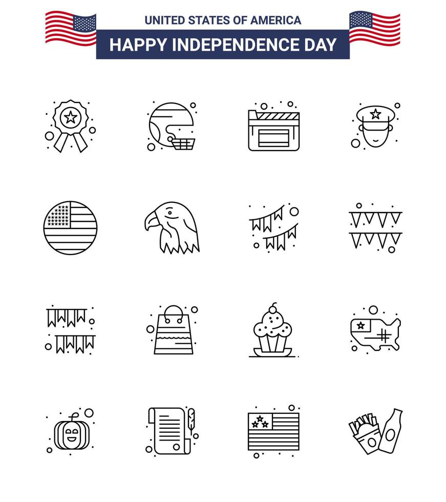 Set of 16 USA Day Icons American Symbols Independence Day Signs for flag police state officer film Editable USA Day Vector Design Elements