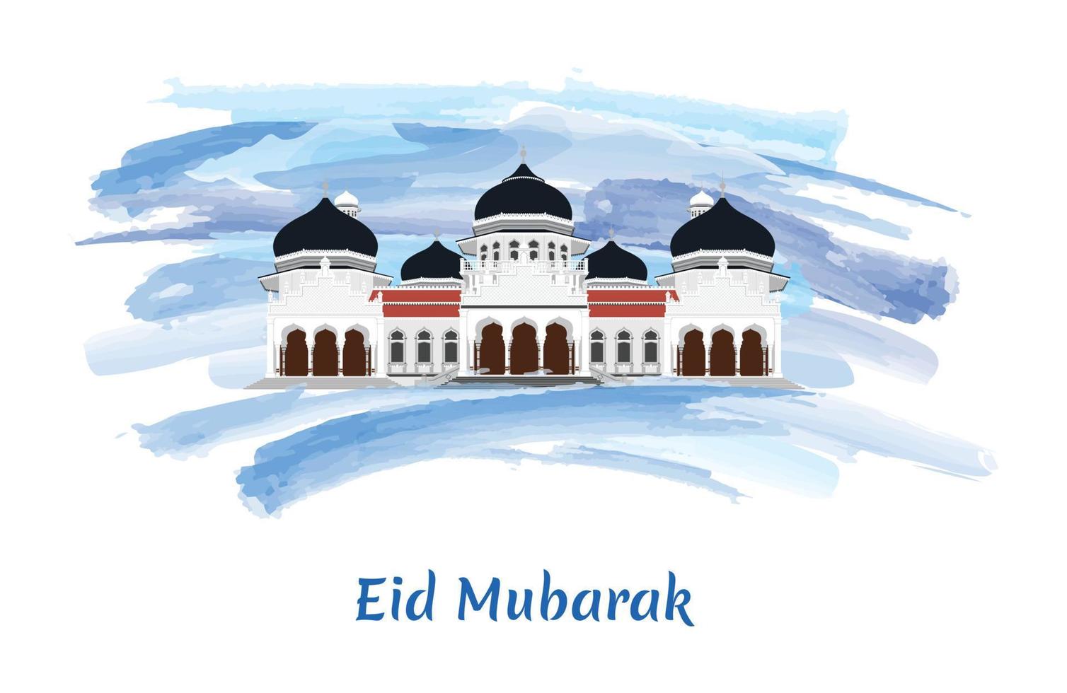 saludo de eid mubarak con masjid raya baiturrahman nanggroe aceh darussalam ilustración vectorial, aislado sobre fondo de pincel de pintura de acuarela artística azul. vector