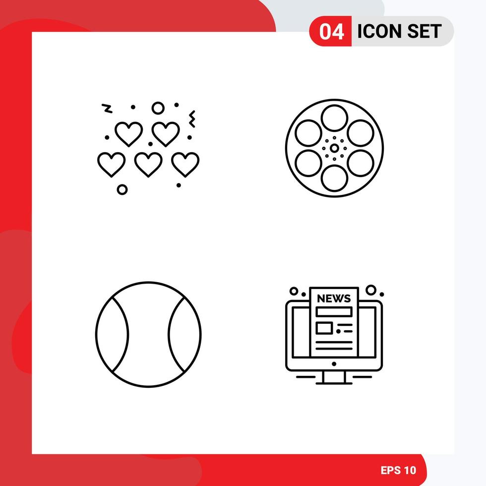 Mobile Interface Line Set of 4 Pictograms of hearts sport film tank computer Editable Vector Design Elements