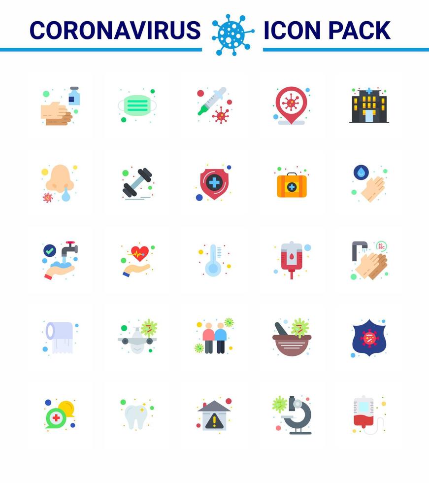 CORONAVIRUS 25 Flat Color Icon set on the theme of Corona epidemic contains icons such as building covid safety coronavirus virus viral coronavirus 2019nov disease Vector Design Elements