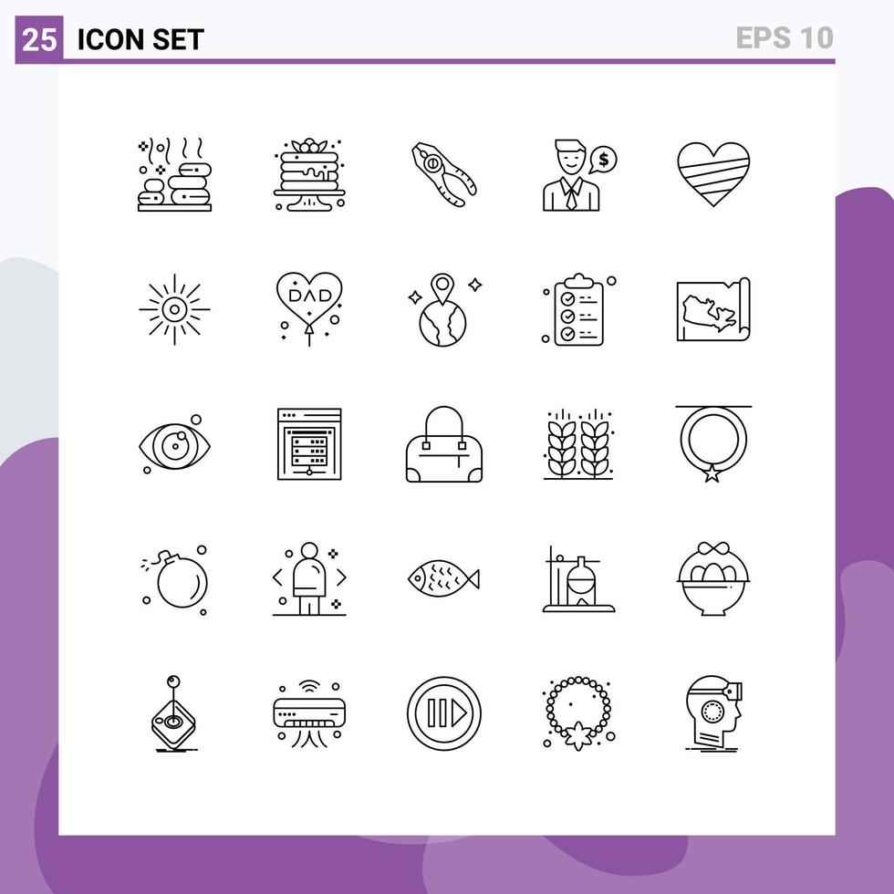 25 User Interface Line Pack of modern Signs and Symbols of heart job pincers work tool Editable Vector Design Elements