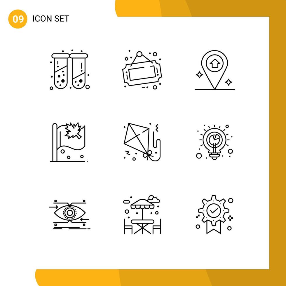 Modern Set of 9 Outlines Pictograph of fly kite map sign canada Editable Vector Design Elements