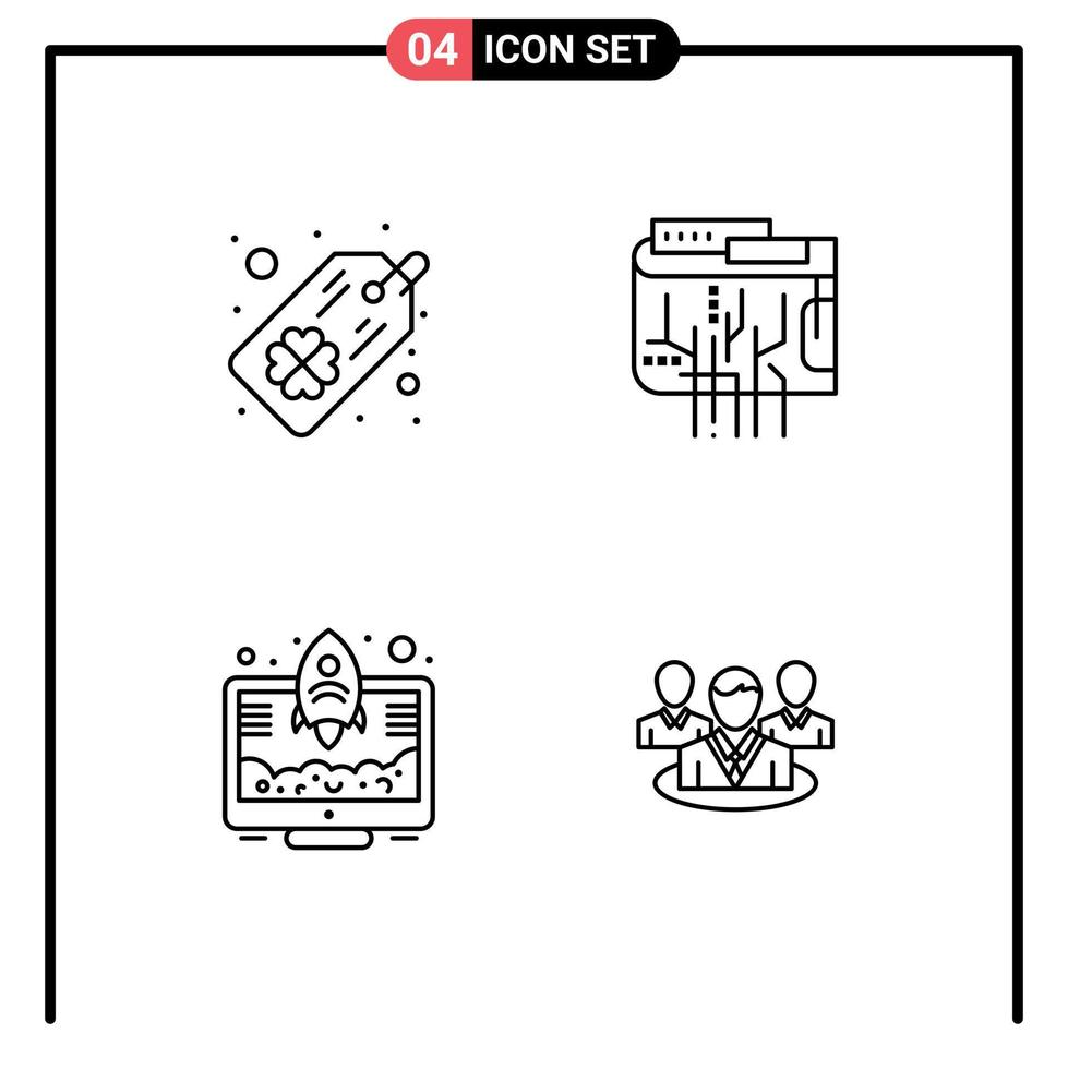 Mobile Interface Line Set of 4 Pictograms of tag launch cryptocurrency internet rocket Editable Vector Design Elements