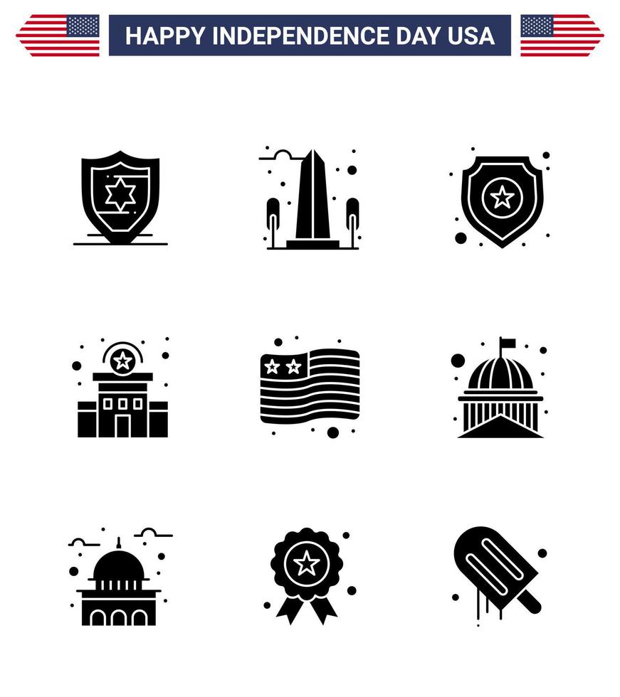 conjunto de 9 iconos del día de los ee.uu. símbolos americanos signos del día de la independencia para el edificio de la estación del escudo de la policía de la bandera elementos de diseño del vector del día de los ee.uu. editables
