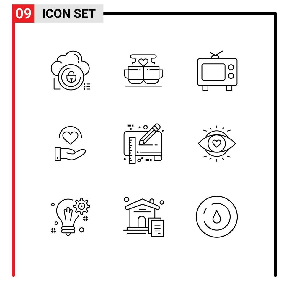 conjunto moderno de 9 contornos y símbolos como elementos de diseño de vectores editables de medios de atención cardíaca de impresión azul