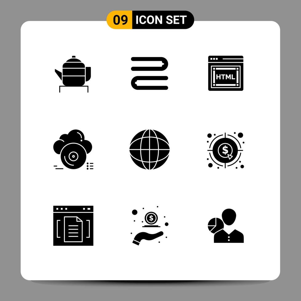 Group of 9 Solid Glyphs Signs and Symbols for globe business html store archive Editable Vector Design Elements