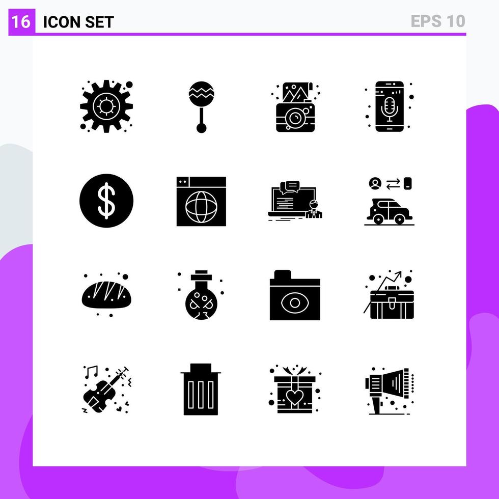 Modern Set of 16 Solid Glyphs and symbols such as dollar music recorder birthday mobile mic photograph Editable Vector Design Elements