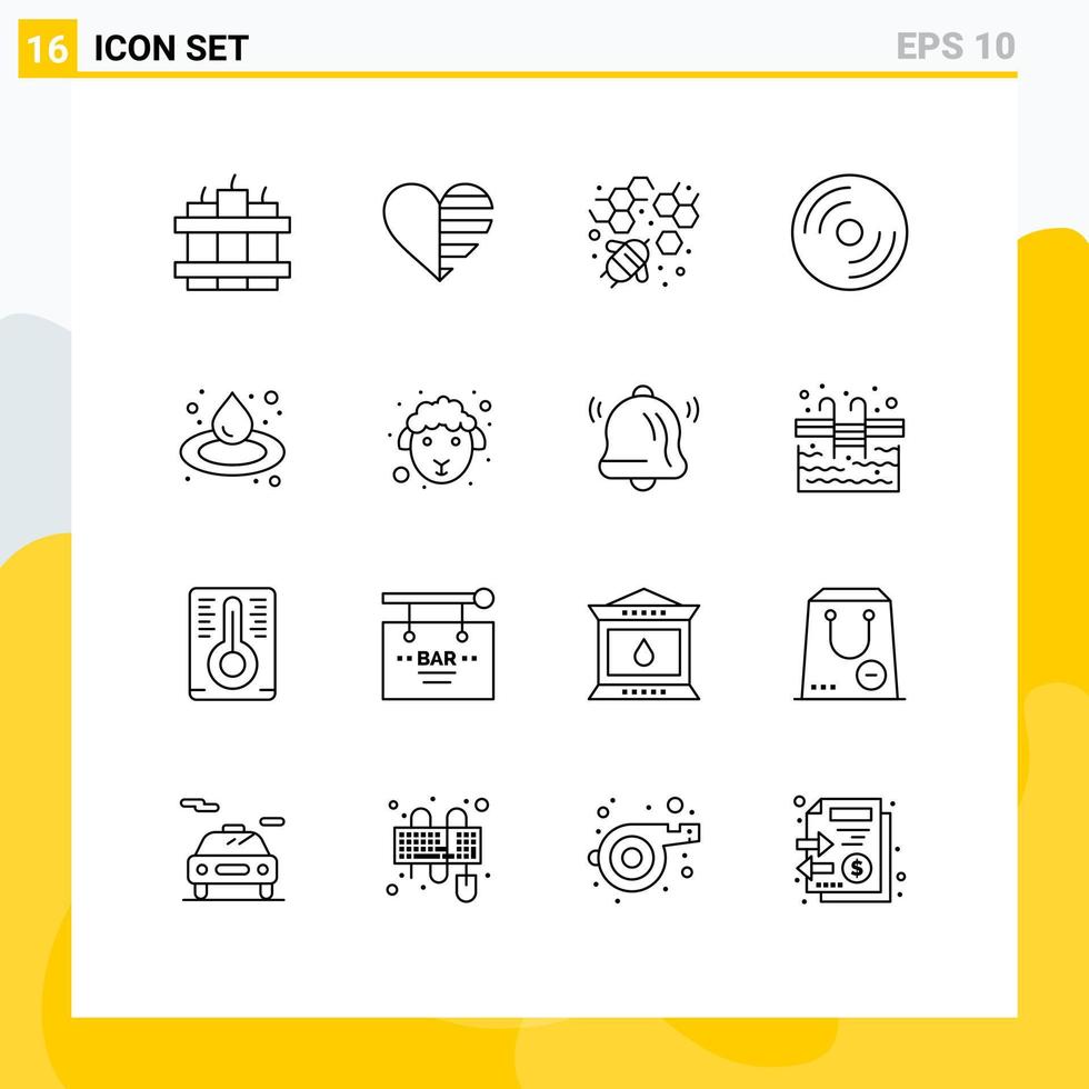 grupo de símbolos de iconos universales de 16 contornos modernos de elementos de diseño vectorial editables de disco portátil de abeja de pc de caída vector