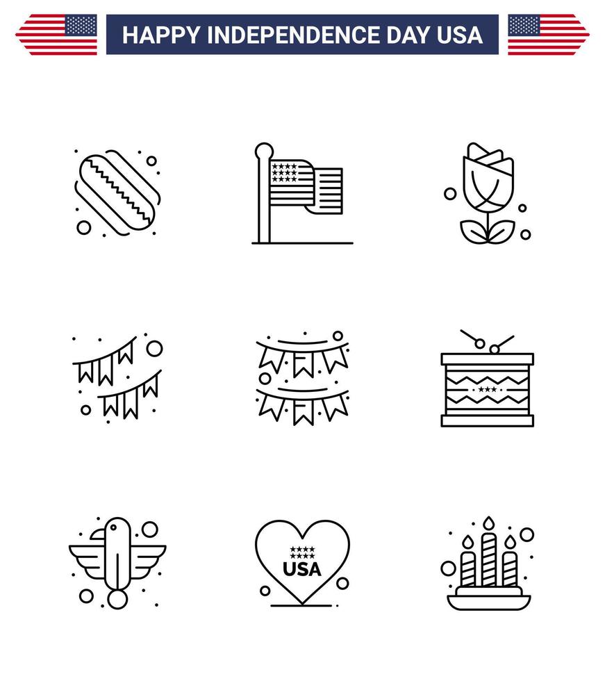 Set of 9 Modern Lines pack on USA Independence Day instrument garland imerican party buntings Editable USA Day Vector Design Elements