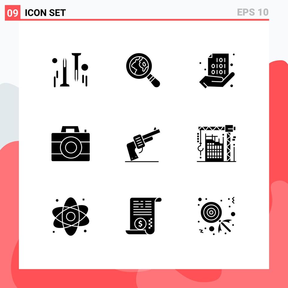 User Interface Pack of 9 Basic Solid Glyphs of weapon gun share technology computer Editable Vector Design Elements