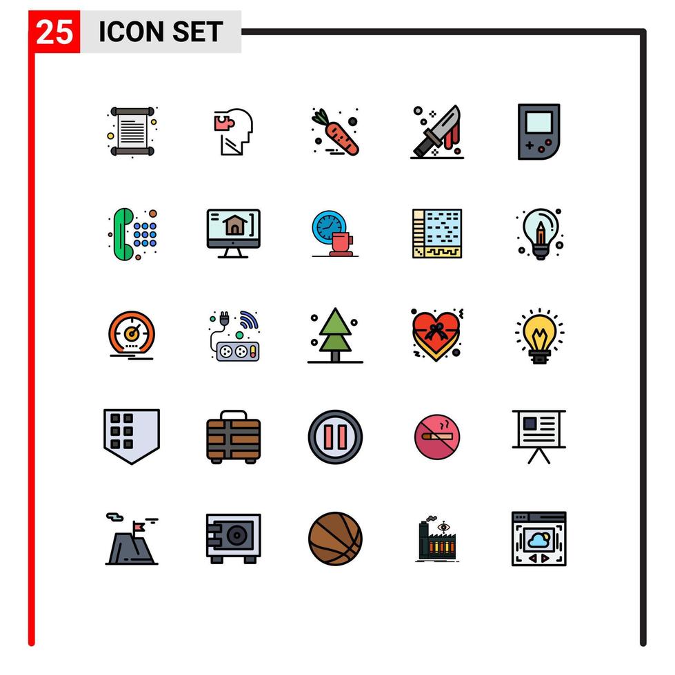 Group of 25 Modern Filled line Flat Colors Set for device knife solution cutlery blood Editable Vector Design Elements