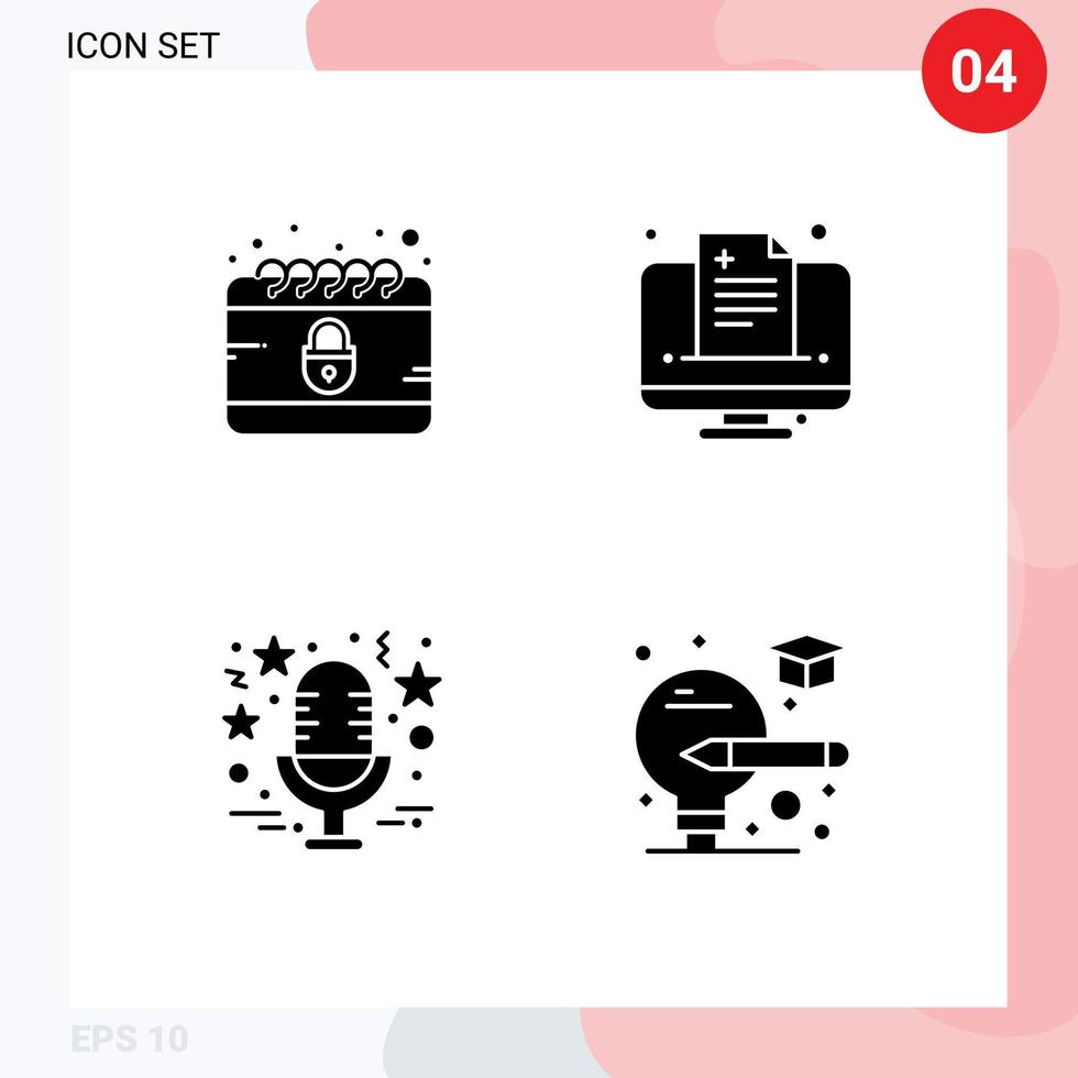 paquete de 4 signos y símbolos de glifos sólidos modernos para medios de impresión web, como elementos de diseño de vectores editables de micrófono médico de internet estrella de calendario