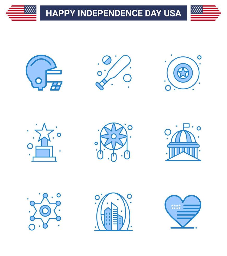 Set of 9 Vector Blues on 4th July USA Independence Day such as house western star dream catcher adornment Editable USA Day Vector Design Elements