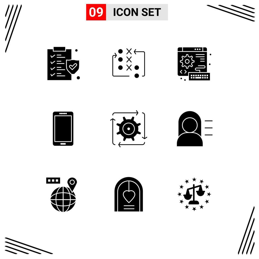 Pack of 9 Modern Solid Glyphs Signs and Symbols for Web Print Media such as workflow huawei digital mobile phone Editable Vector Design Elements