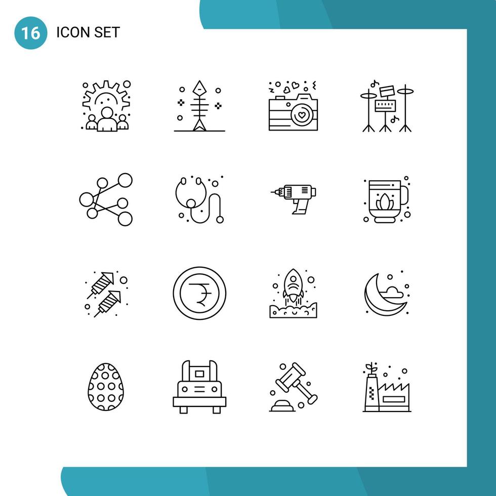 Set of 16 Vector Outlines on Grid for share export camera music drum Editable Vector Design Elements