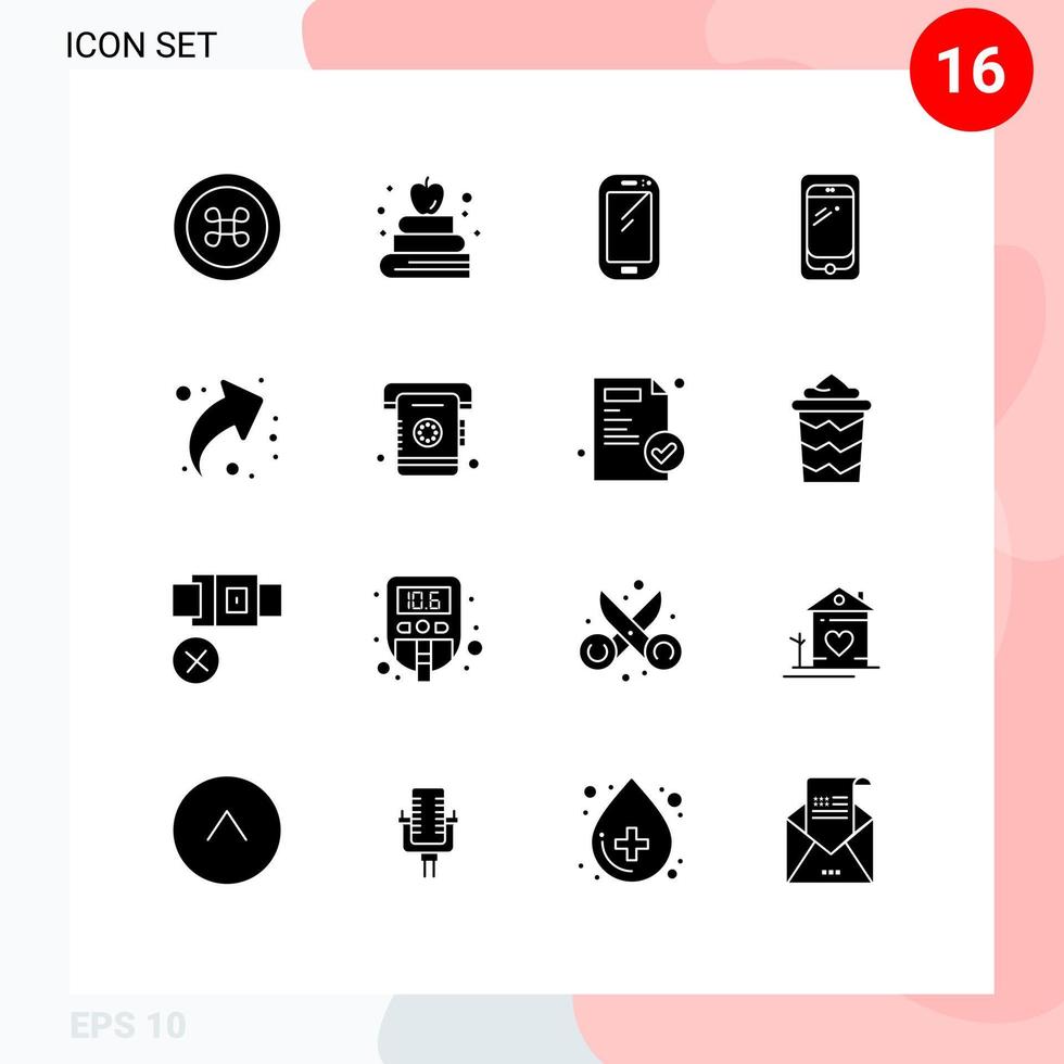 Pack of 16 creative Solid Glyphs of contact phone mobile right share Editable Vector Design Elements