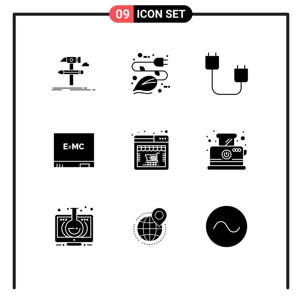Set of 9 Vector Solid Glyphs on Grid for formula board plug hardware devices Editable Vector Design Elements