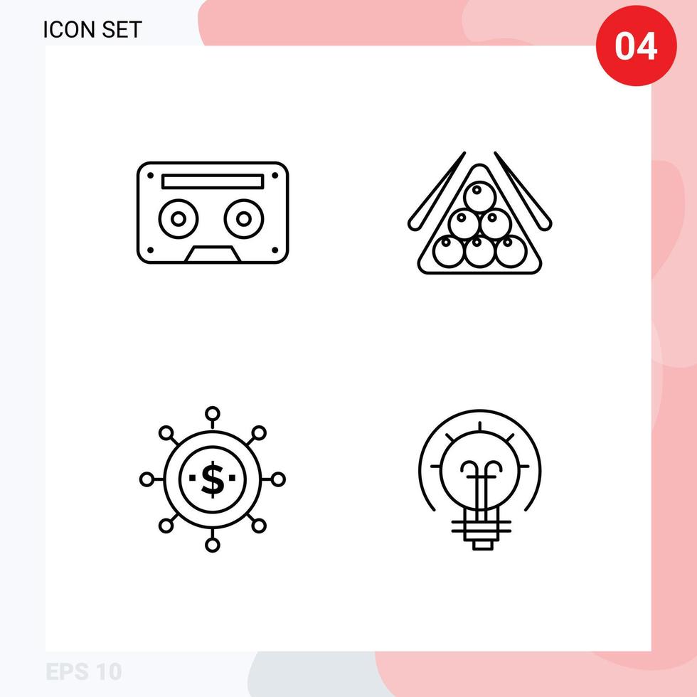 4 User Interface Line Pack of modern Signs and Symbols of analog play music snooker economics Editable Vector Design Elements