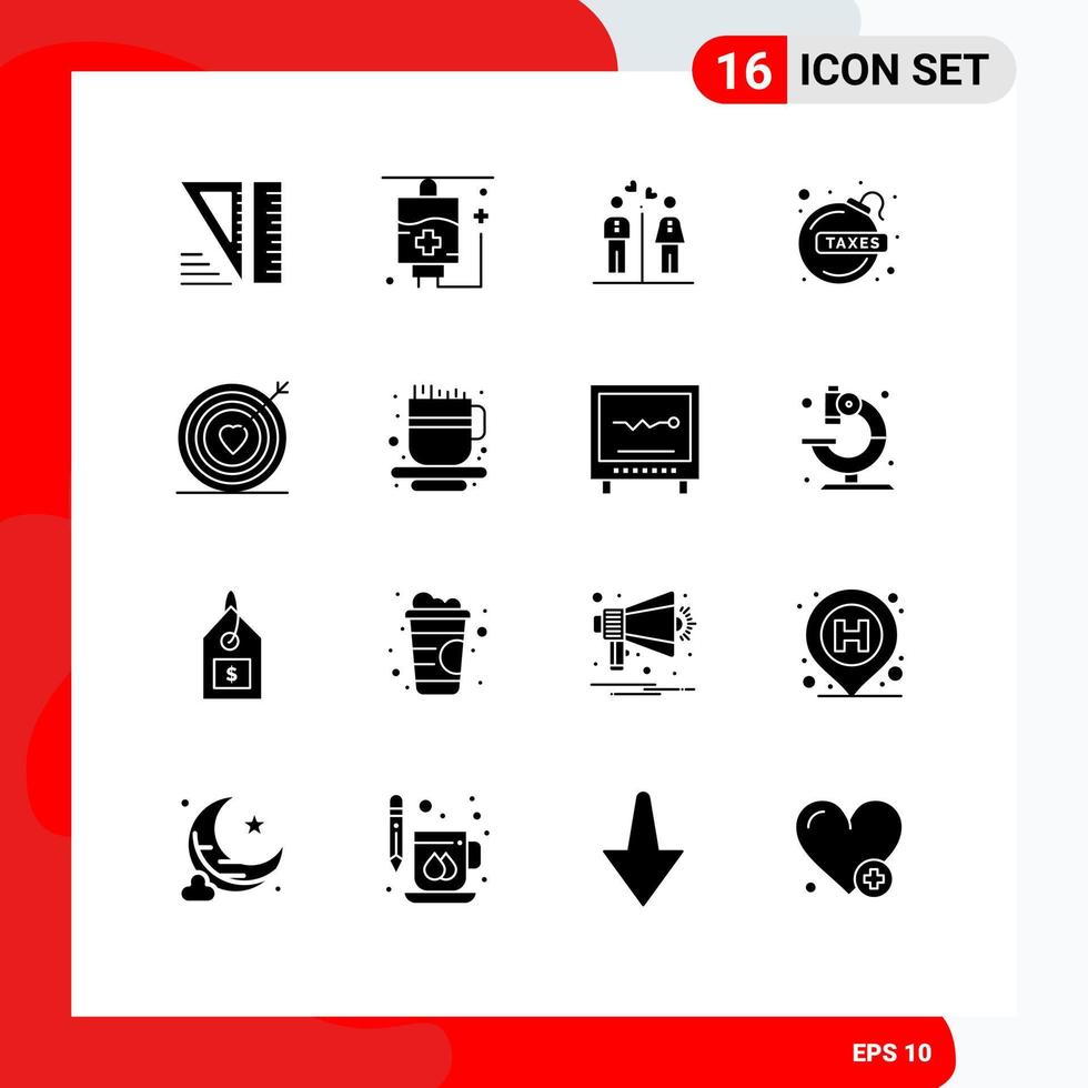 Modern Set of 16 Solid Glyphs Pictograph of target heart couple tax debt Editable Vector Design Elements