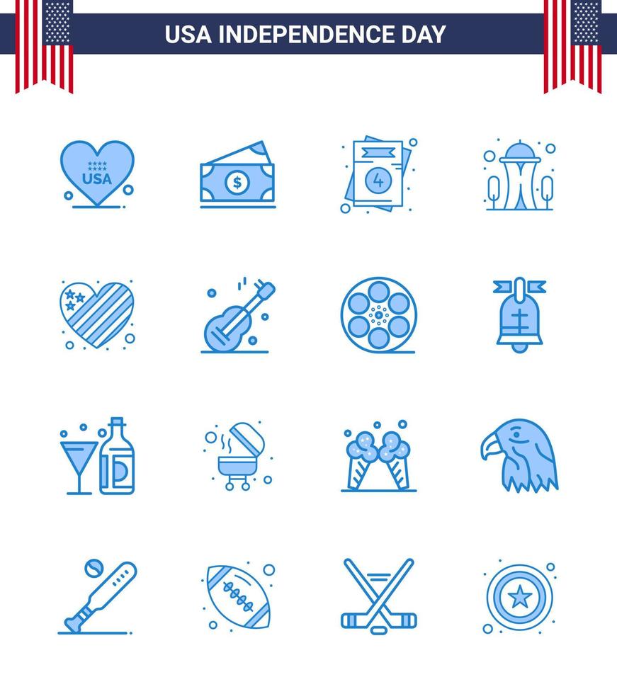 4th July USA Happy Independence Day Icon Symbols Group of 16 Modern Blues of flag space invitation needle building Editable USA Day Vector Design Elements