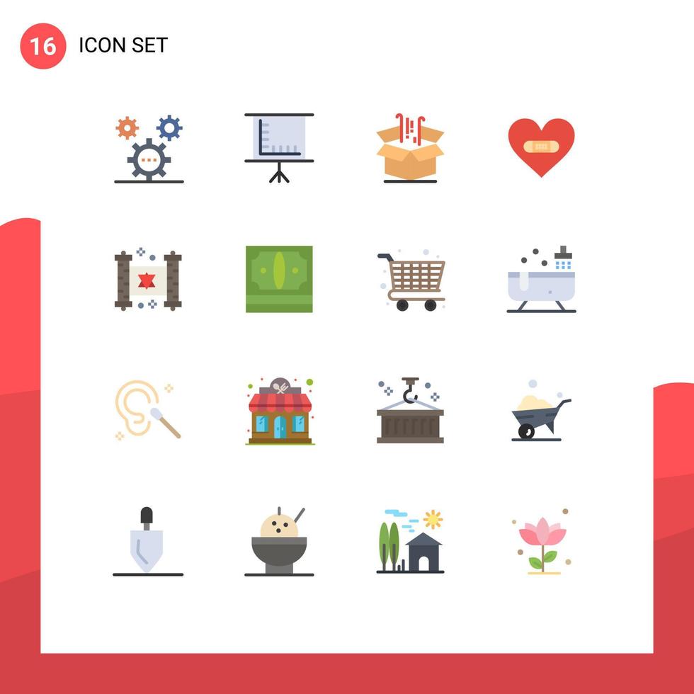 paquete de 16 signos y símbolos modernos de colores planos para medios de impresión web, como el paquete editable de marketing de yeso de caja de corazón de elementos creativos de diseño de vectores