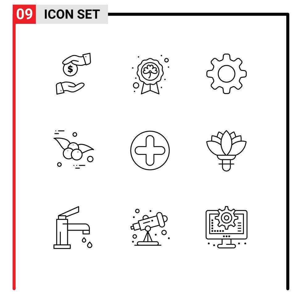 Universal Icon Symbols Group of 9 Modern Outlines of hospital plus badge fruit cherry Editable Vector Design Elements