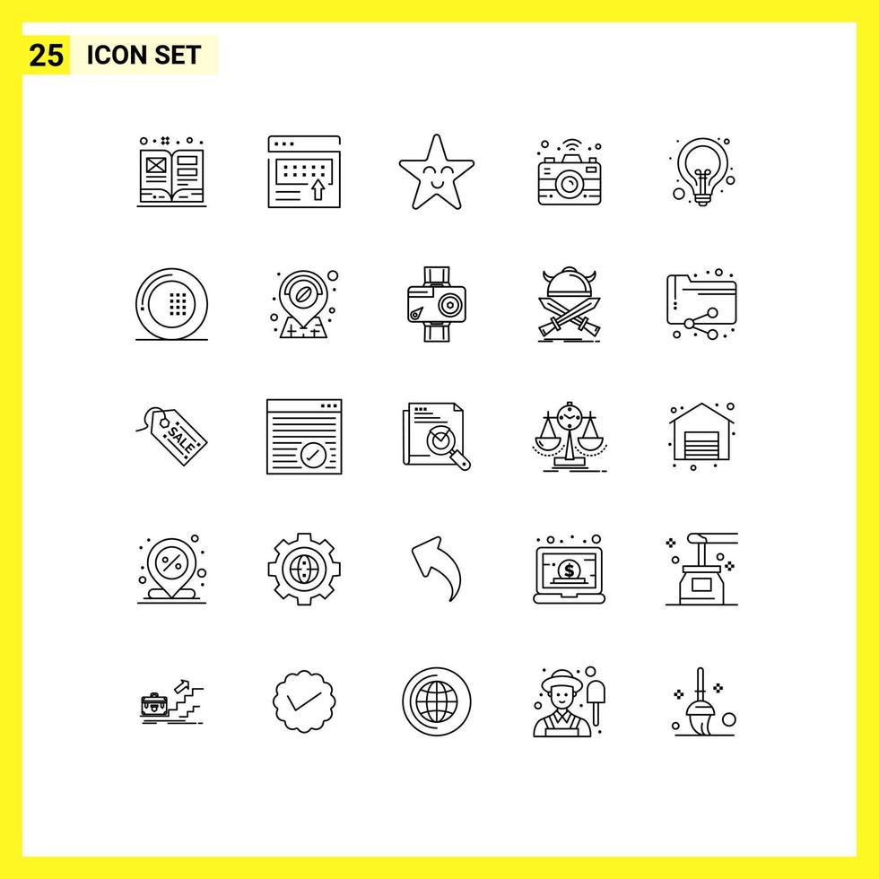 25 Creative Icons Modern Signs and Symbols of lamp bulb page wifi camera Editable Vector Design Elements