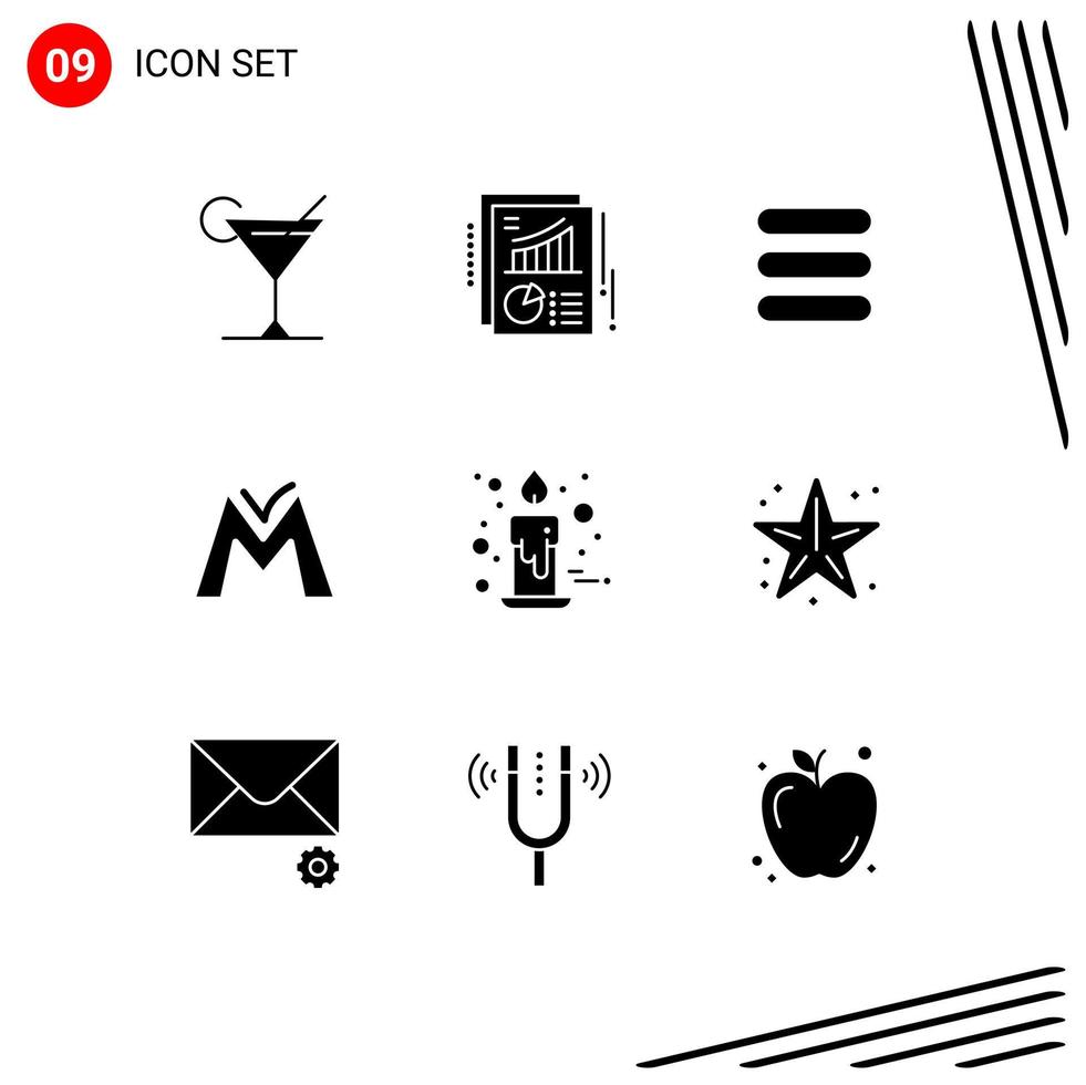 Mobile Interface Solid Glyph Set of 9 Pictograms of gift thanks day task candle crypto Editable Vector Design Elements