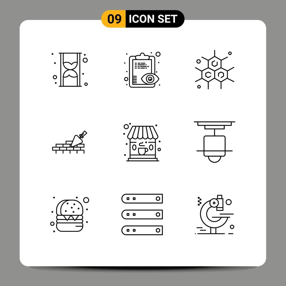 Modern Set of 9 Outlines Pictograph of shop cafe chemist trovel mason Editable Vector Design Elements