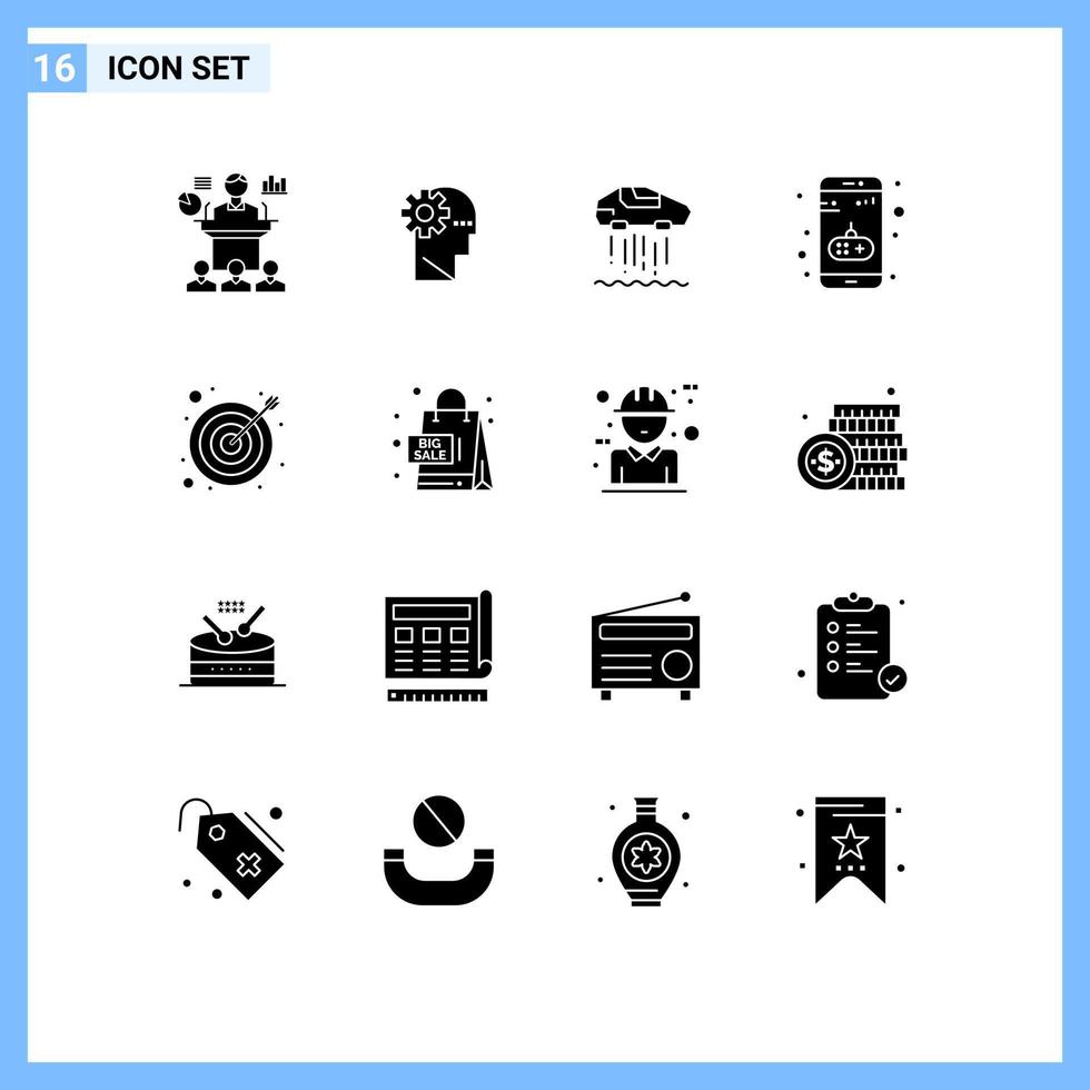 Mobile Interface Solid Glyph Set of 16 Pictograms of arrow game mind entertainment technolody Editable Vector Design Elements