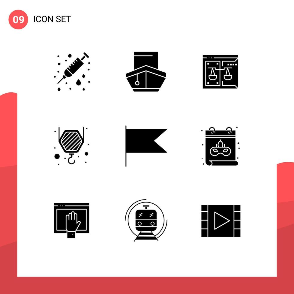 Universal Icon Symbols Group of 9 Modern Solid Glyphs of country crane vehicles construction digital Editable Vector Design Elements