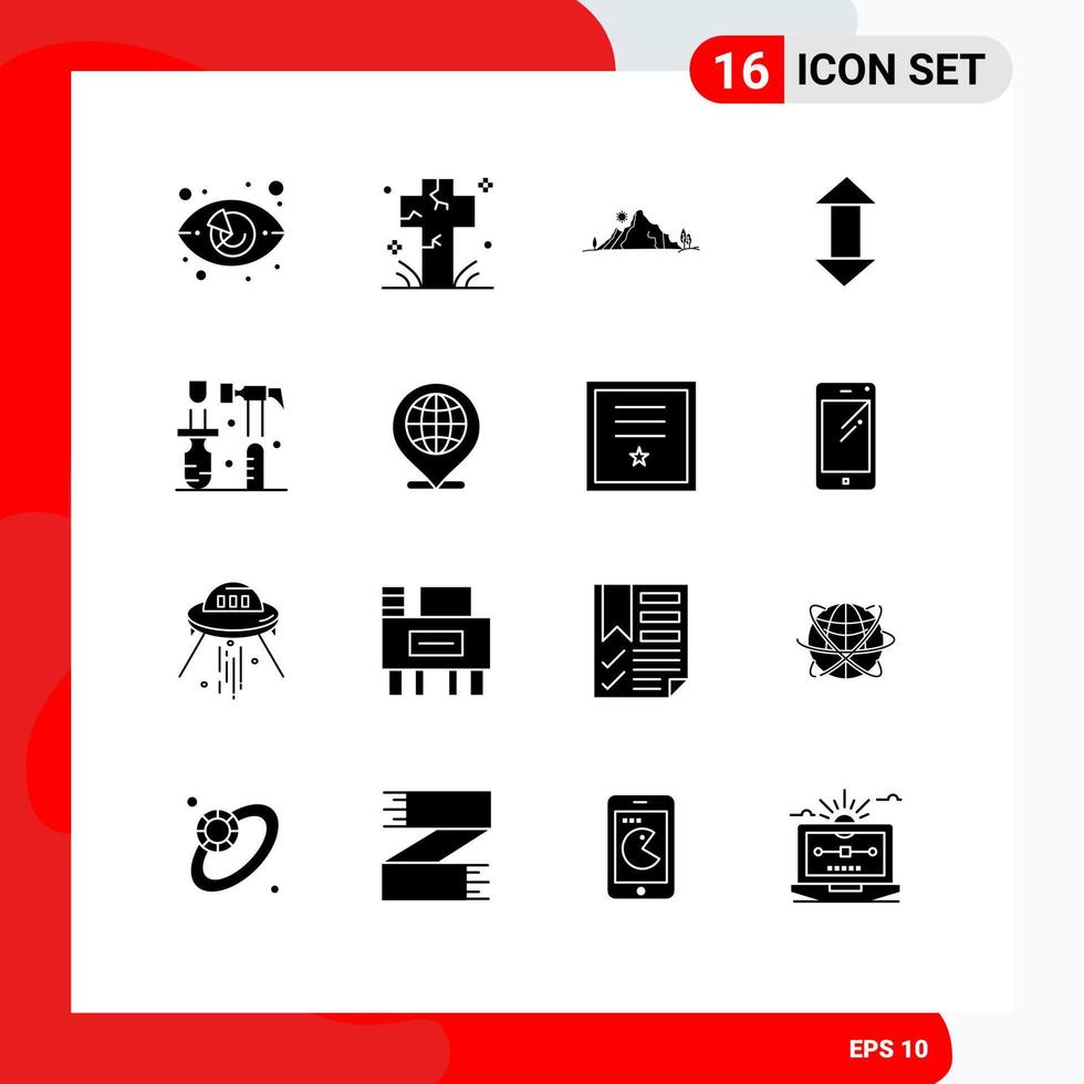Pack of 16 creative Solid Glyphs of up arrow grave tree hill Editable Vector Design Elements