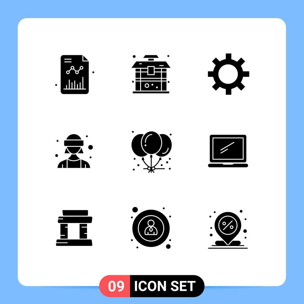 9 User Interface Solid Glyph Pack of modern Signs and Symbols of celebration balloons cog vr glasses female avatar Editable Vector Design Elements