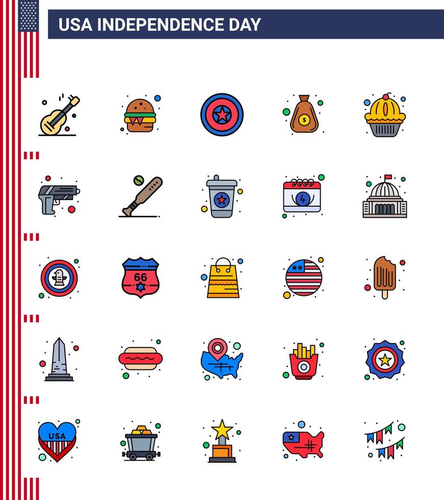 Modern Set of 25 Flat Filled Lines and symbols on USA Independence Day such as muffin cash holiday bag dollar Editable USA Day Vector Design Elements